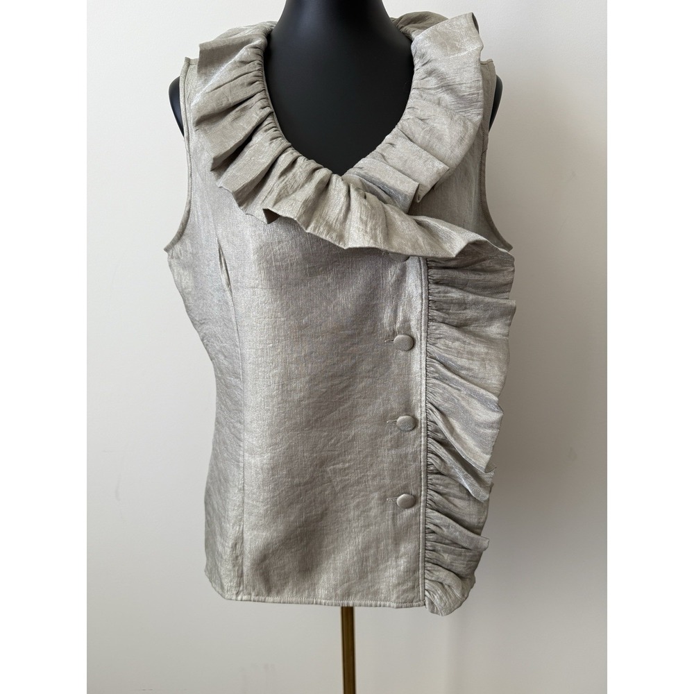 NWT ISADORA COLLECTION Silver Shimmering Sleeveless Ruffle Top Blouse 14